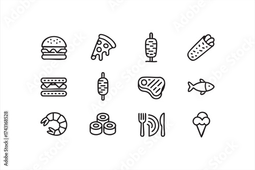 Fast food and restaurant icons vector set line art design