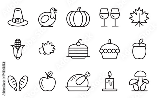 Thanksgiving line icon set. Thanksgiving line art food icon set