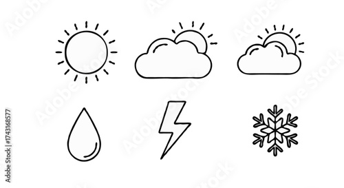 Weather Forecast Template Line Editable Icons Set - Sun, Cloud, Rain, Lightning, Snowflake