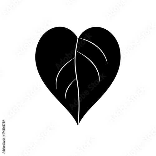 Illustration of a black heart shaped leaf with white vein details inside