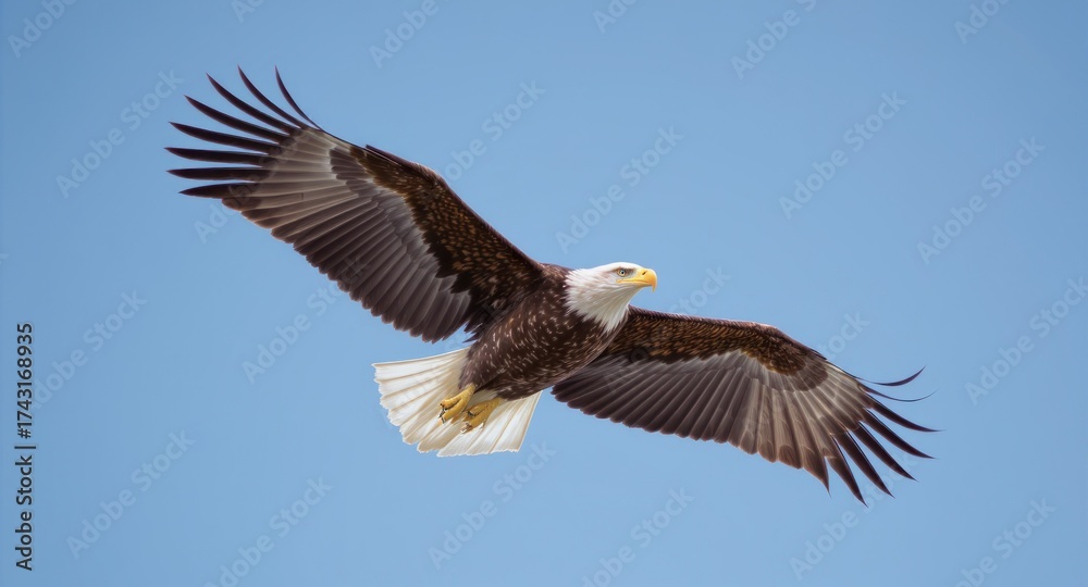 Naklejka premium Bald eagle soars with wings spread wide against a cloudless blue sky