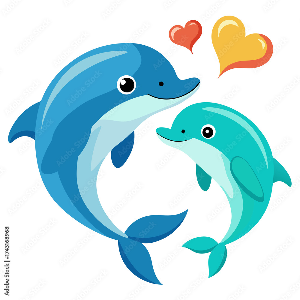 Naklejka premium Two dolphins in love with hearts on a white background