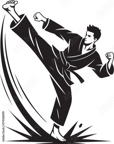 Dynamic karate master delivers powerful roundhouse kick