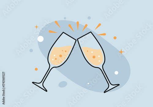 Two champagne glasses clinking together with bubbly liquid inside.
