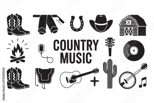 Country festival and rodeo symbols black and white vector set