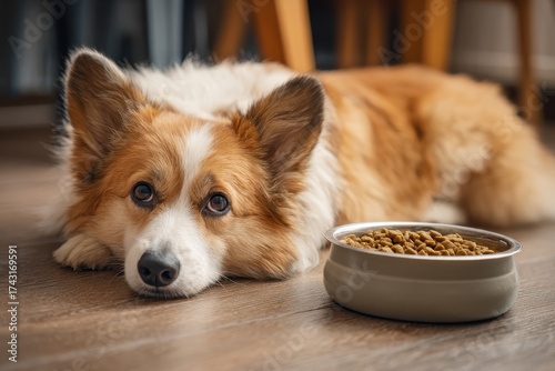 A Pembroke Welsh Corgi rests head near a full bowl of dry kibble. Use for pet food ads or to depict a dog's eating habits.