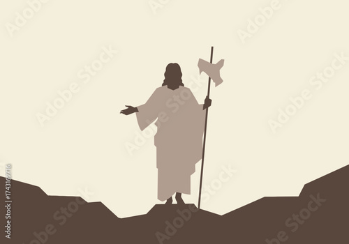Jesus Christ silhouette with staff and dove symbol of Holy Spirit.