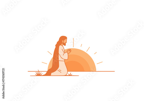 Jesus Christ praying at sunrise with sun rays behind him.