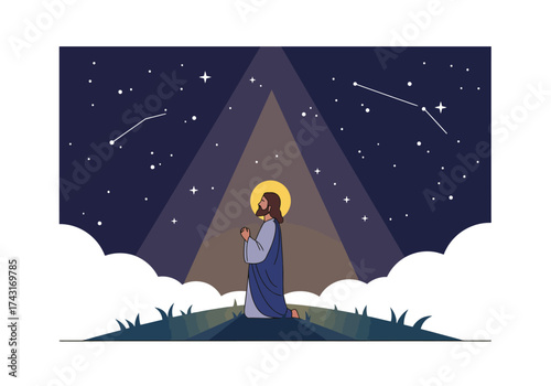 Jesus Christ praying under a celestial light at night.