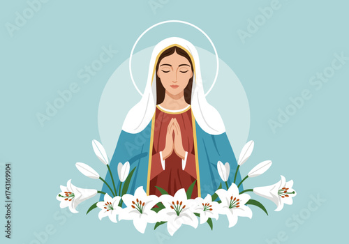 Virgin Mary with white lilies and halo praying with closed eyes serene.