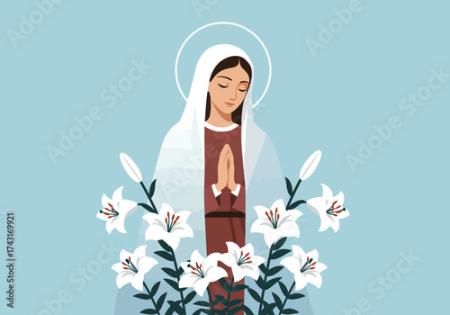 Virgin Mary surrounded by lilies a religious illustration.
