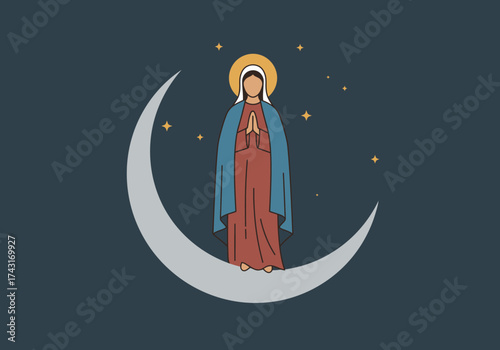 Virgin Mary standing on crescent moon with stars in the background.