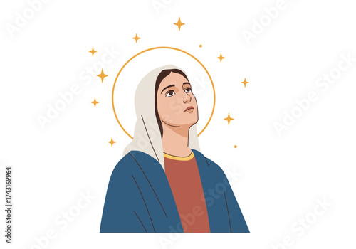 Beautiful portrait of Virgin Mary looking up with halo and stars.