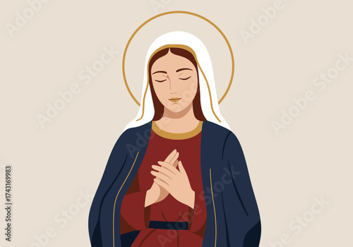 Illustration of the Virgin Mary with hands clasped in prayer.