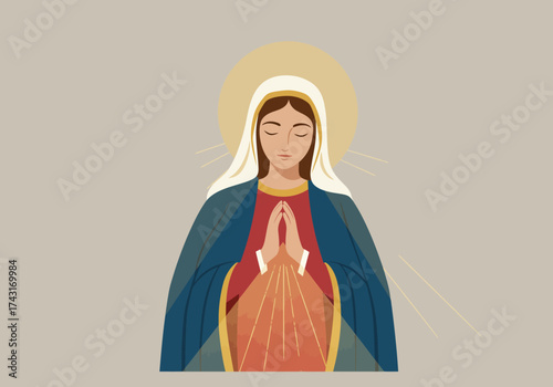 Blessed Virgin Mary praying with closed eyes and halo.