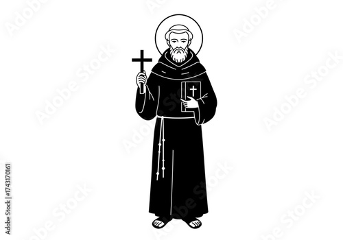 Religious figure holding a cross and a book with a halo.