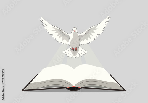 A white dove of peace flying over an open book.
