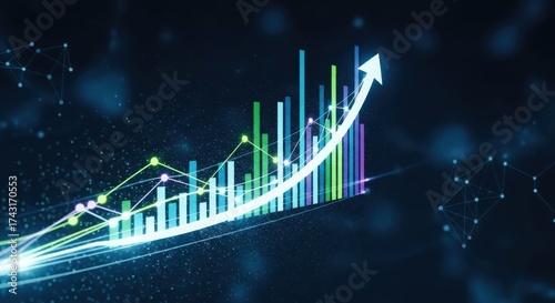 Dynamic futuristic digital chart showing upward growth and financial success with glowing bars and data streams
