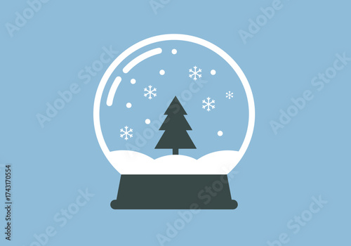 Snow globe with Christmas tree and falling snowflakes.