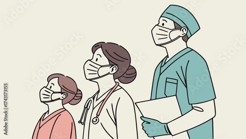 Three healthcare workers standing side by side wearing masks and looking upwards with hope and determination