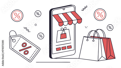 A digital storefront on a smartphone with shopping bags and discount symbols in a minimalist design style