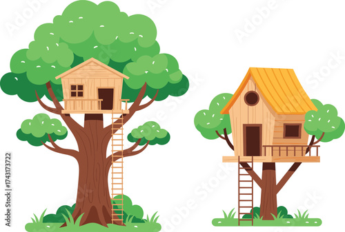 Beautiful wooden treehouse illustration, cozy outdoor playhouse design for kids, nature adventure concept, eco-friendly backyard fun and forest lifestyle