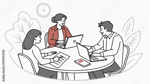 A group of people working together around a table with laptops and documents in a collaborative meeting setting