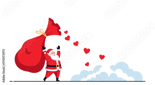Santa Claus shares love from his gift sack in a winter wonderland scene.