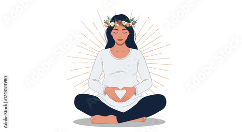 A pregnant woman wearing a flower crown meditates in a seated position with her hands forming a heart shape over her belly radiating peaceful energy.