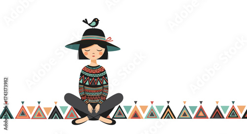 A young girl sits in a meditative pose wearing a festive patterned sweater and hat.