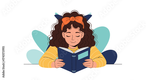 A young person with curly brown hair and cat ears reads a book with their eyes closed.