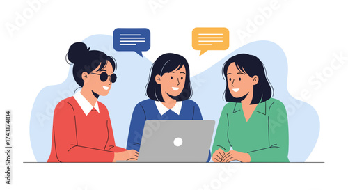 Diverse group of young women collaborating and discussing ideas around a laptop.