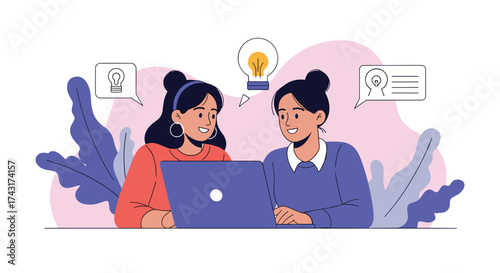 Two women collaborate on a laptop with a lightbulb overhead indicating ideas.