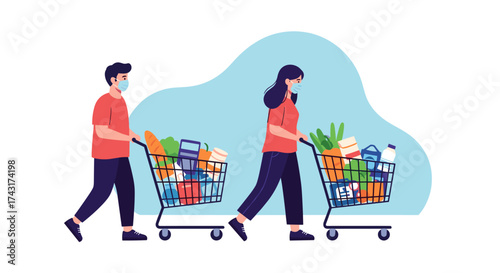 People wearing masks pushing shopping carts full of groceries while maintaining social distance.