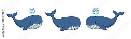 Cute blue whales spouting water, a charming and playful marine illustration set