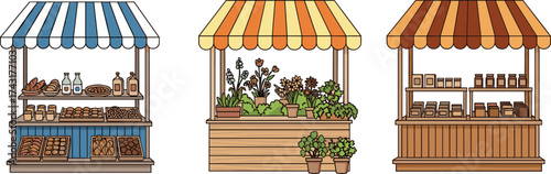 Colorful market stalls with bakery, flower, and grocery products, farmers market illustration, local shop, outdoor fair, organic produce, handmade goods