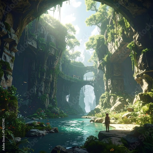 Lush gorge with a winding river and person
