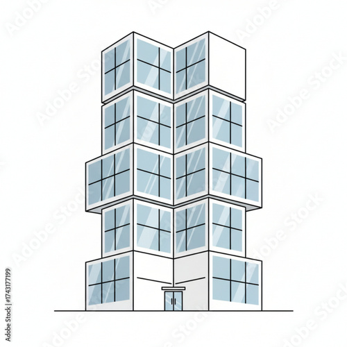 A modern glass building with a unique stacked cube design, showcasing contemporary architecture and creative structure.