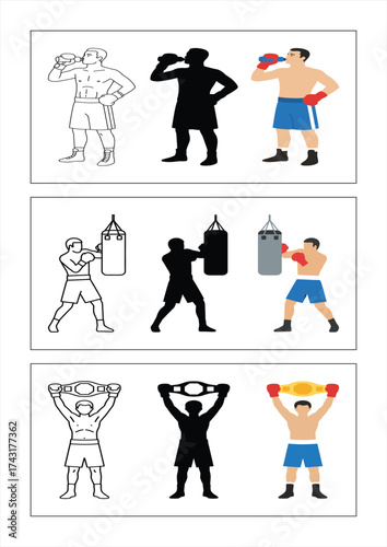 Boxer Training Silhouette And Color Illustration Set Boxing Champion Workout Preparation And Celebration