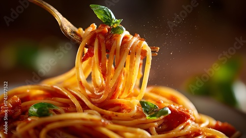 Close up spaghetti with golden fork twirling noodles in the air, rich tomato sauce and basil garnish, blurred background with copy space 