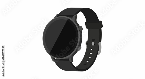 Black smartwatch featuring a round screen and matching strap on a white backdrop