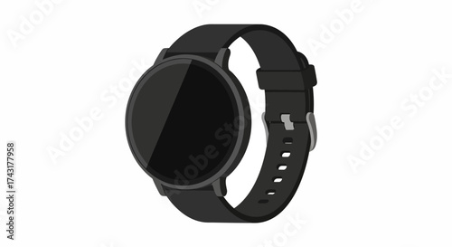 Black smartwatch featuring a round screen and matching strap on a white backdrop