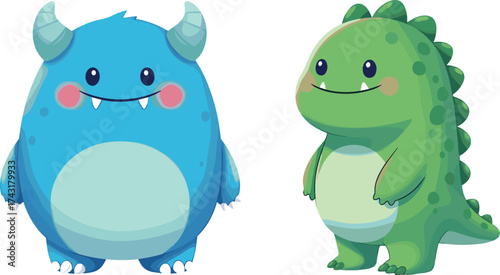 Cute cartoon monster and dinosaur characters, adorable fantasy creatures illustration, colorful kids design, friendly animal mascots for children art