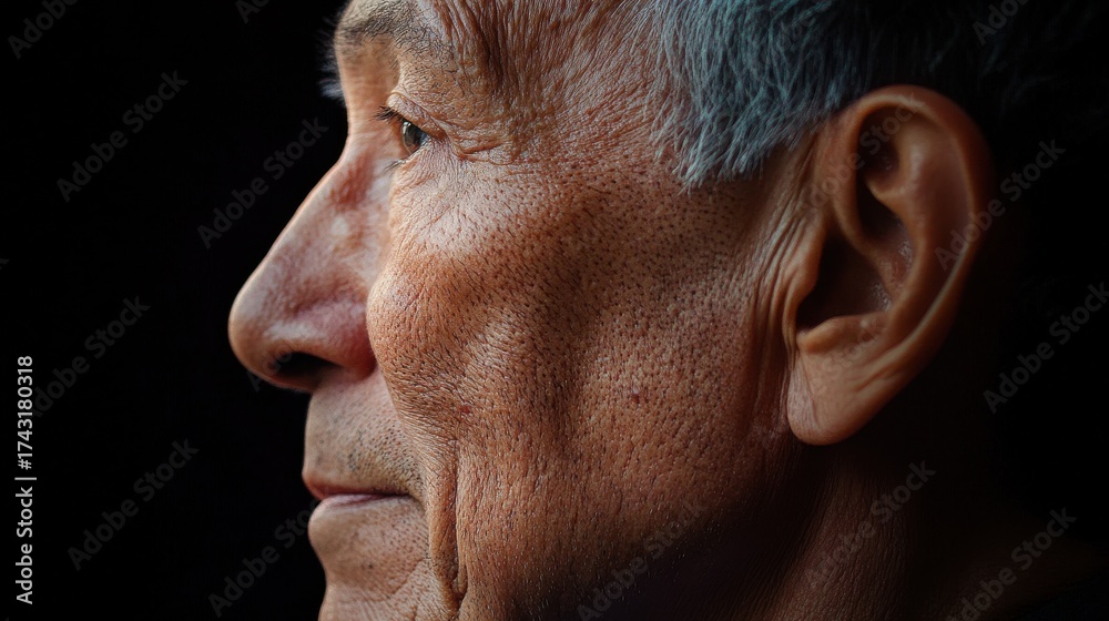 Obraz premium Senior man's profile revealing wisdom and character with smooth skin and thoughtful expression during twilight