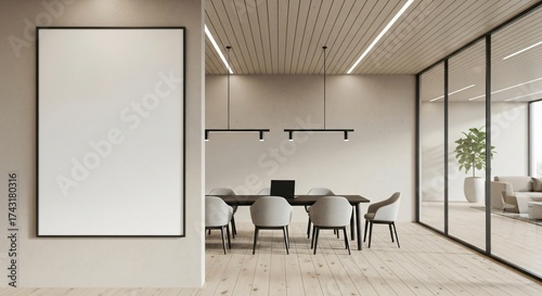 Modern meeting room with blank frame and natural light