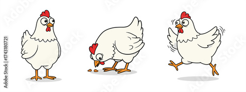 Cartoon Chickens in Various Poses Standing, Pecking, and Running