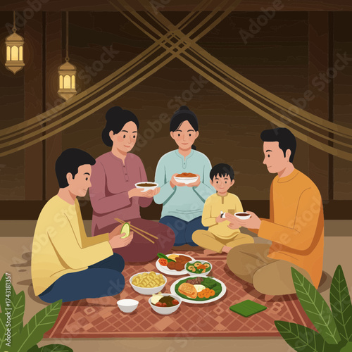 Asian Family Enjoys Traditional Ramadan Iftar Meal