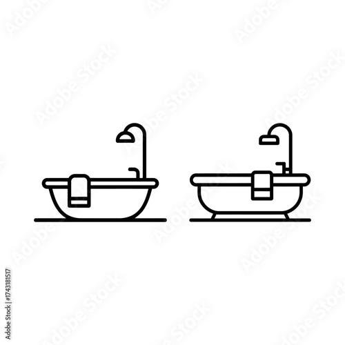 Modern bathtub designs with shower heads and towel racks line art vector
