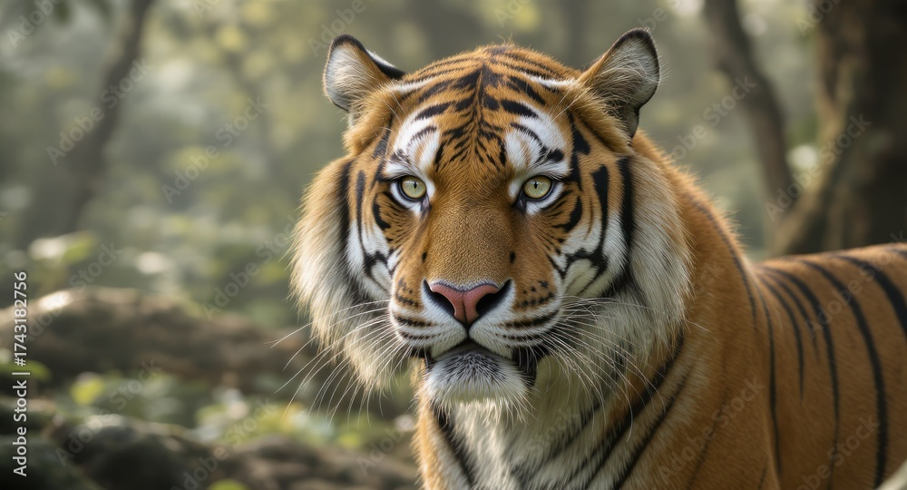 Obraz premium Majestic tiger stares intently, its stripes contrasting with a green forest background