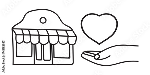 Gift Your Heart to Local Store Outline Icon, Hand and Shop Vector Illustration, White Background